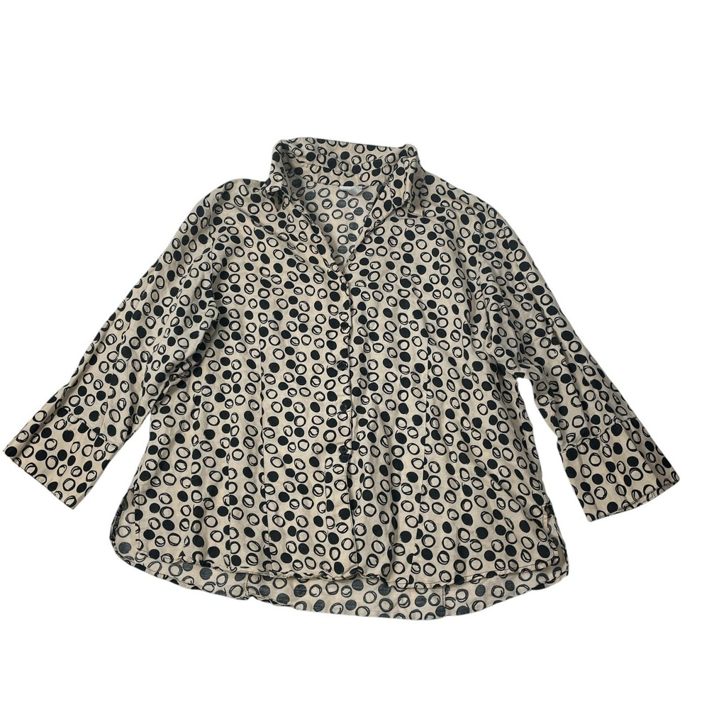 Harve Bernard 2X Linen Blend Blouse Polka Dot Button Front Top Plus Size
